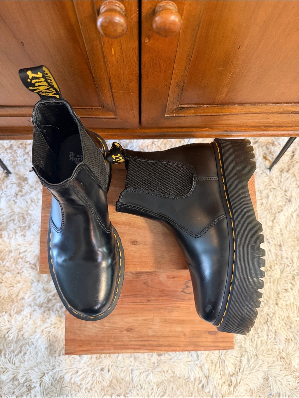Dr. Martens Black Leather Platform Chelsea Boots with Yellow Stitching